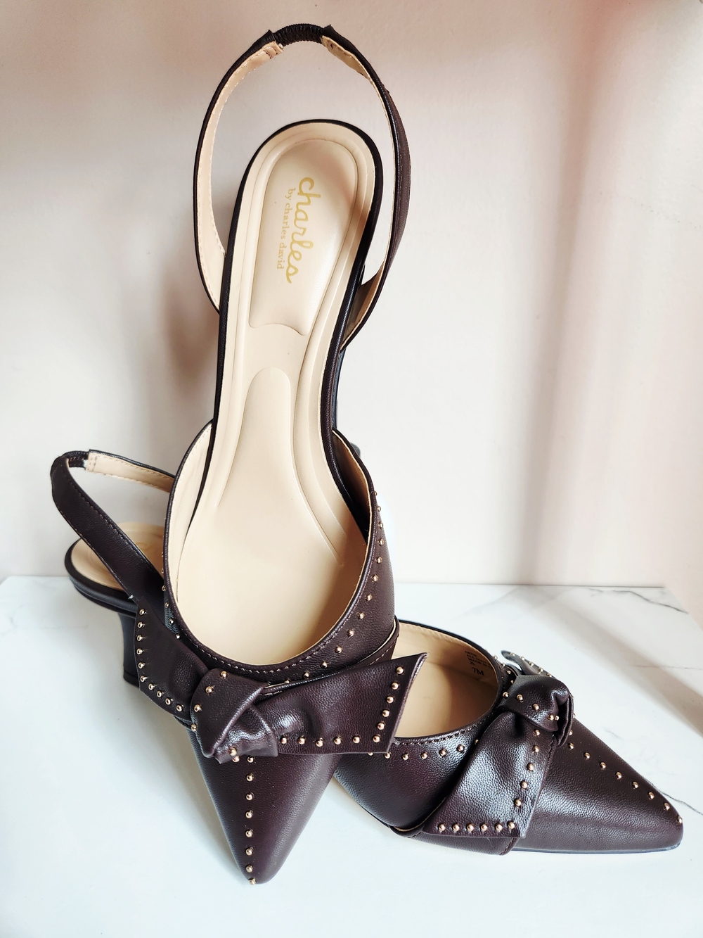 Charles David Brown Studded Pointed Slingback Flats